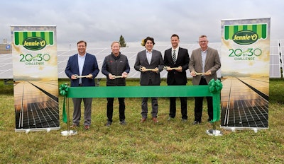 From left to right: Tom Raymond, Hormel Foods director of sustainability; Steve Lykken, Jennie-O Turkey Store president; Ryan Coakley, senior director of origination at Next Era Energy; Doug Muzik, Jennie-O plant manager in Montevideo, Minn.; and Matthew Schrupp, assistant vice president of operations at Jennie-O Turkey Store. All five leaders helped cut the ribbon to unveil the new 8-acre solar field located at the Jennie-O plant in Montevideo.