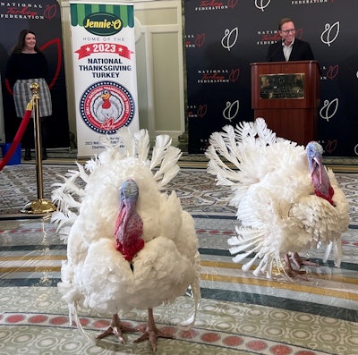 Steve Lykken, president of Jennie-O Turkey Store and chairman of the National Turkey Federation, introduces Liberty and Bell, the National Thanksgiving Turkey and alternate.