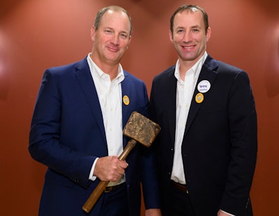 2024 U.S. Poultry & Egg Association Chair Mikell Fries, president of Claxton Poultry Farms (left), was presented with the traditional “working man’s gavel” by Immediate Past Chair Jarod Morrison, chief financial officer for Farbest Foods.
