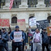 Members of the advocacy group Ban the Batistas protest outside of the New York Stock Exchange office on April 26, the same date JBS shareholders elected brothers Wesley and Joesley Batista to the board.