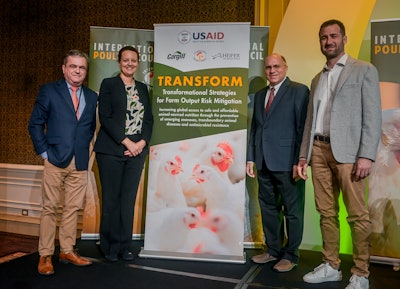 IPC President Ricardo Santin, Cargill Chief of Party for TRANSFORM Annie Kneedler, Dennis Erpelding, IPC Lead for TRANSFORM and its Science and Trade Advisor and IPC Secretary General Nicolò Cinotti announce the latest organizations to support the antimicrobial stewardship principles.