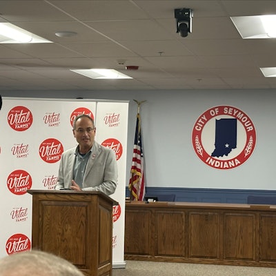 Vital Farms President & CEO Russell Diez-Canseco announcing Egg Central Station Seymour in Seymour, Indiana.