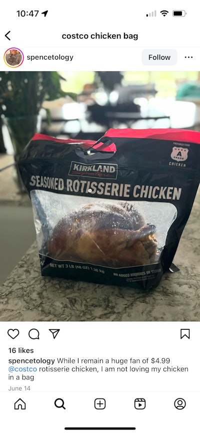 One Instagram user expresses displeasure with the new packaging for Kirkland Signature Seasoned Rotisserie Chicken from Costco.
