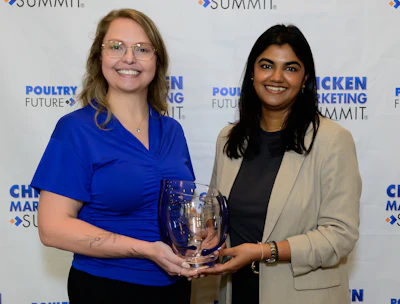 The 2026 Chicken Marketer of the Year award was accepted by Shelli Laskowitz, senior manager, poultry innovation and Shivangi Singha, senior manager, innovation & activation, Popeyes Louisiana Kitchen.