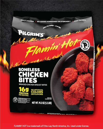 Pilgrim's Flamin' Hot boneless chicken bites package with red breaded pieces in black bowl